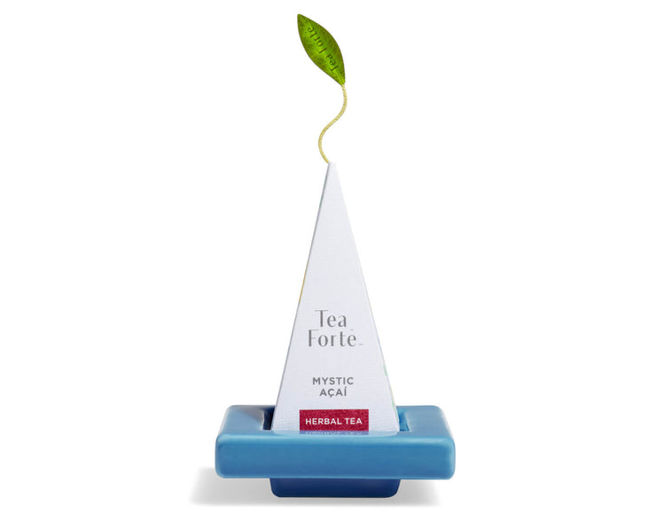 Volare Tea Tray in Mystic Blue, shown with infuser perched on top