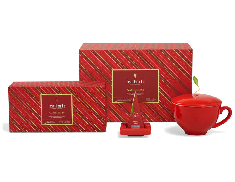 Warming Joy Gift Set with all items out of box, one Warming Joy Petite, one Ruby Red Café Cup and one Ruby Red Tea Tray