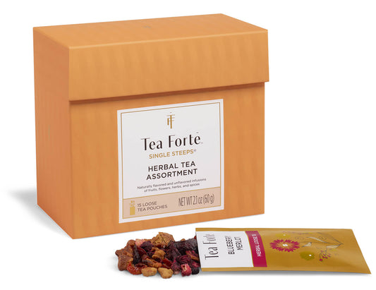 Herbal Tea Tasting Assortment Single Steeps Sampler box of 15 Single Steeps pouches - front of box with open pouch