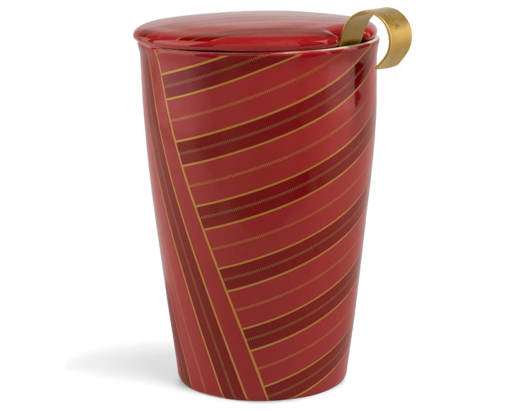 A glossy, red striped, KATI Steeping Cup Warming Joy with a matching lid and a gold metal infuser basket, closed
