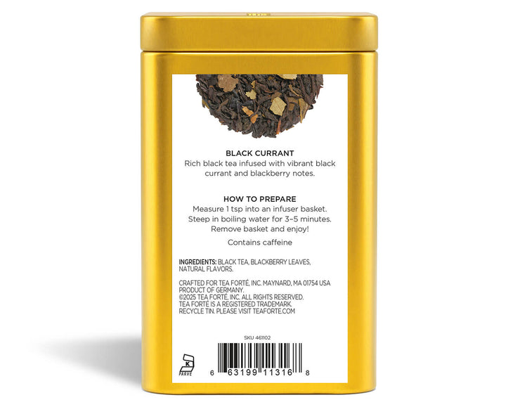 Black Currant tea in a Loose Leaf Tea Canister - back view