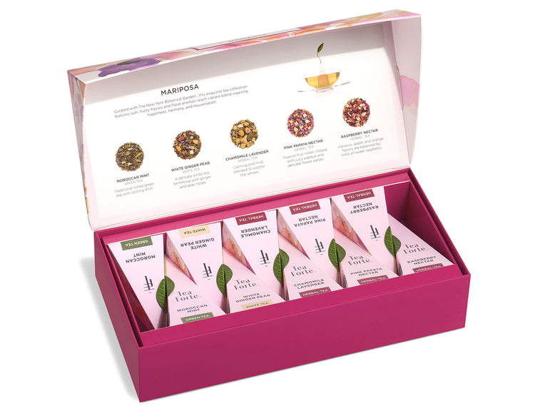Mariposa Petite Presentation Box of 10 pyramid tea infusers, open