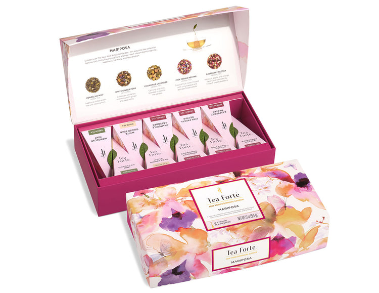 Mariposa Petite Presentation Box of 10 pyramid tea infusers, open and closed boxes