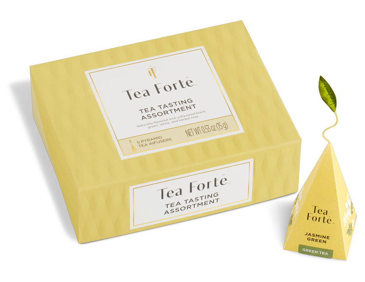 Tea Tasting Assortment Mini Petite Presentation Box, closed with pyramid, includes 5 pyramid infusers