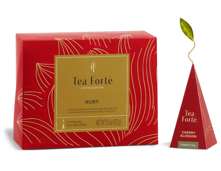 Ruby Mini Petite Box of 5 teas, closed, with pyramid tea infuser