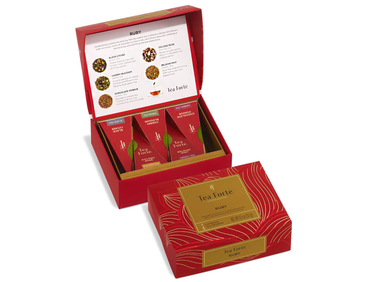 Ruby Mini Petite Box of 5 teas, open and closed.
