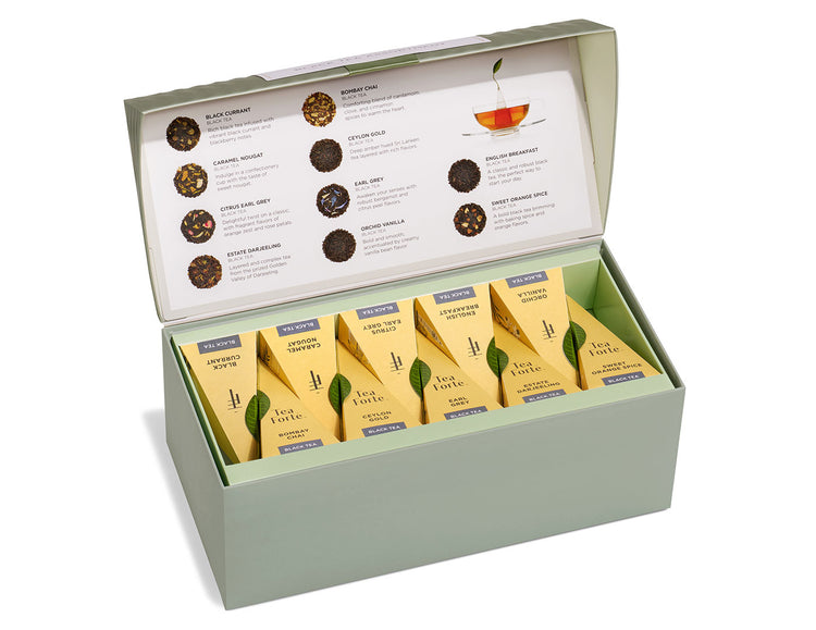 Black Tea Assortment Presentation Boxes, lid open, of 20 pyramid infusers