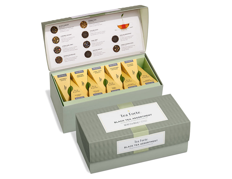 Black Tea Assortment Presentation Boxes, lid closed and open, of 20 pyramid infusers