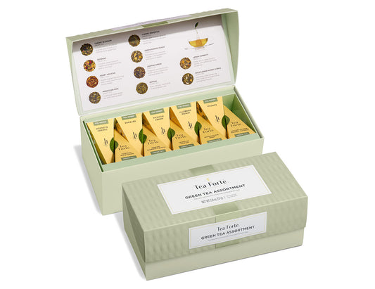 Green Tea Tasting Assortment Presentation Box, open and closed