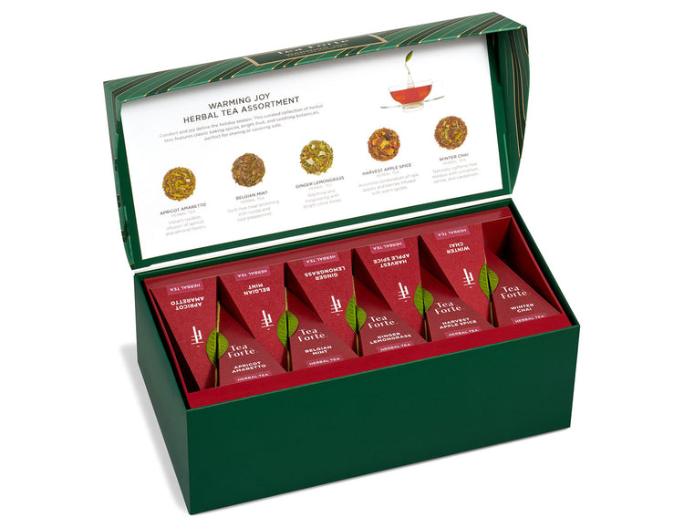Warming Joy Herbal Presentation Box 2026 of 20 pyarmid tea infusers, open lid