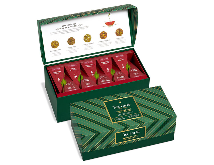 Warming Joy Herbal Presentation Box 2026 of 20 pyramid tea infusers, open and closed