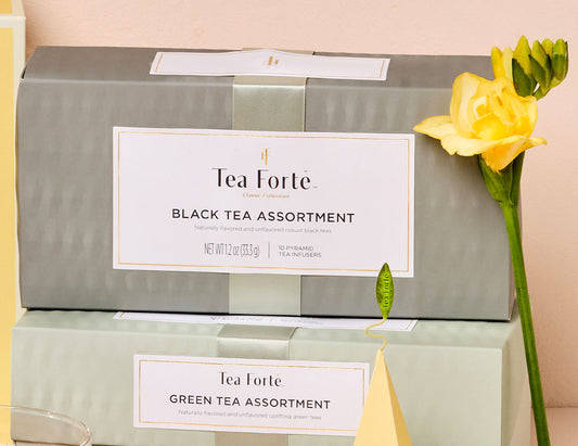 Black Tea tea assortment in a 10 count petite presentation box with flower