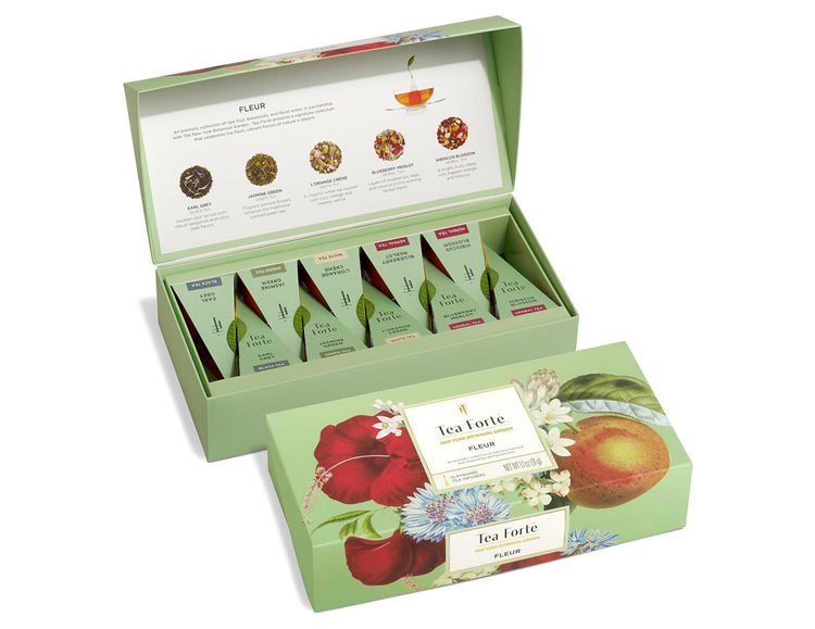 Fleur tea assortment in a 10 count petite presentation box, open and closed