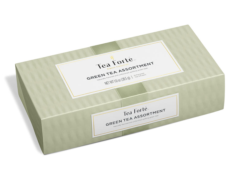 Green Tea Tasting Assortment Petite Presentation Box of 10 green teas, with lid closed.