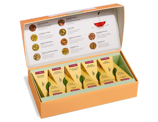 Herbal tea assortment in a 10 count petite presentation box with lid open and closed