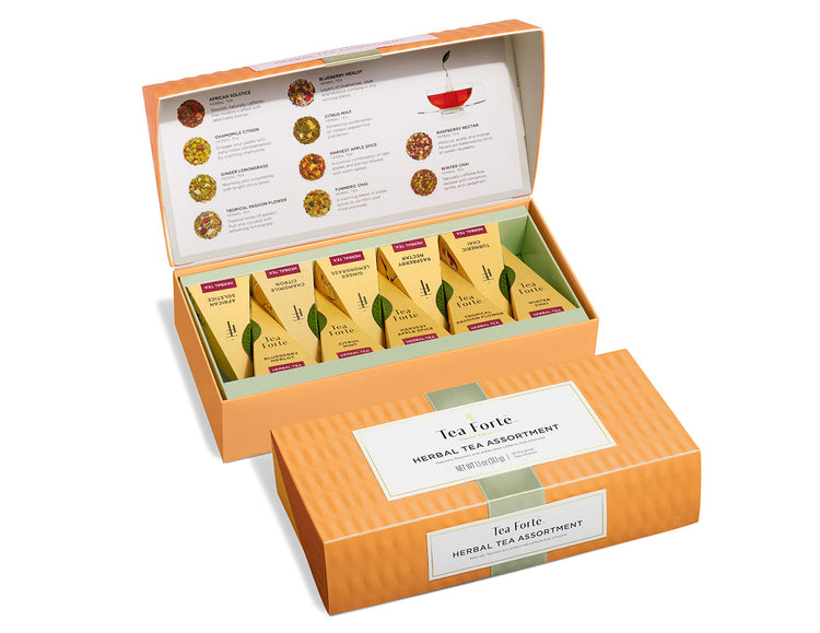 Herbal tea assortment in a 10 count petite presentation box with lid open
