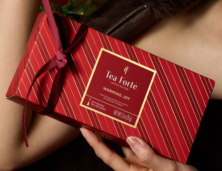 A person holds a red gift box for Petite Presentation Box Warming Joy, wrapped with a matching red ribbon. 