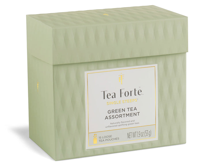 Green Tea Tasting Assortment Single Steeps Sampler box of 15 Single Steeps pouches - side view