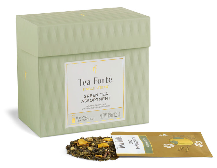 Green Tea Tasting Assortment Single Steeps Sampler box of 15 Single Steeps pouches - front of box with open pouch