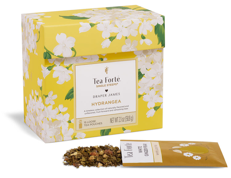Hydrangea Single Steeps Sampler box of 15 Single Steeps pouches - front of box with open pouch
