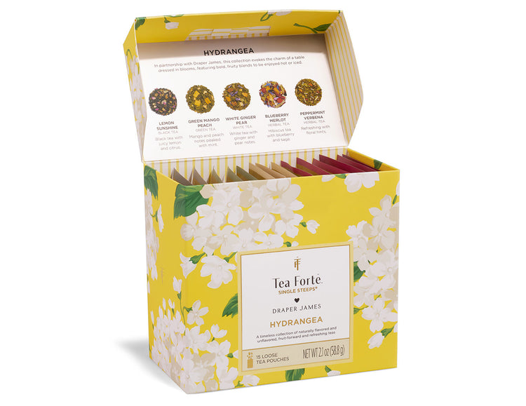 Hydrangea Single Steeps Sampler box of 15 Single Steeps pouches open lid