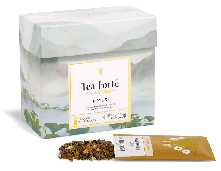 Lotus Single Steeps Sampler of 15 loose tea pouches, closed with pouch open in front