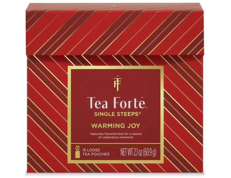 Warming Joy Single Steeps Sampler of 15 loose tea pouches, front facing with lid closed