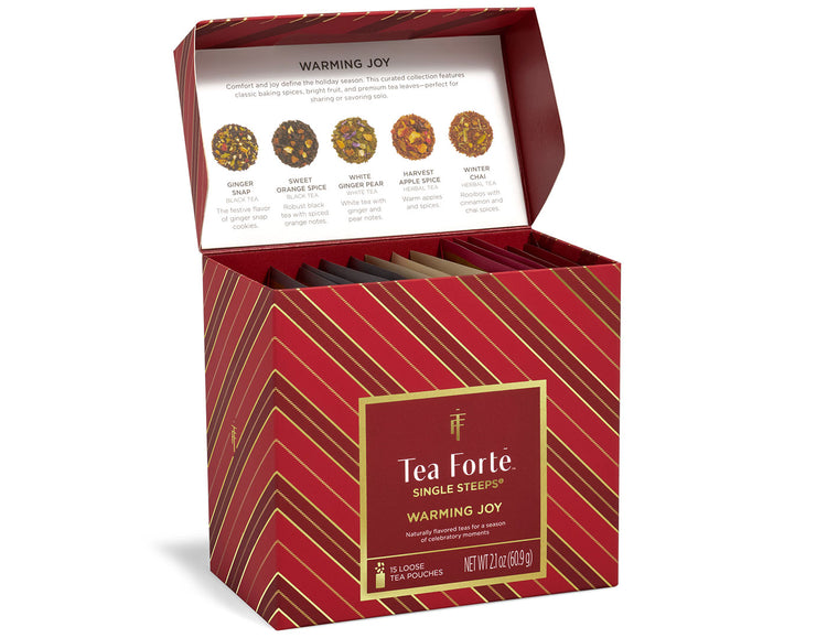 Warming Joy Single Steeps Sampler of 15 loose tea pouches, shown with an open box revealing the menu on the lid