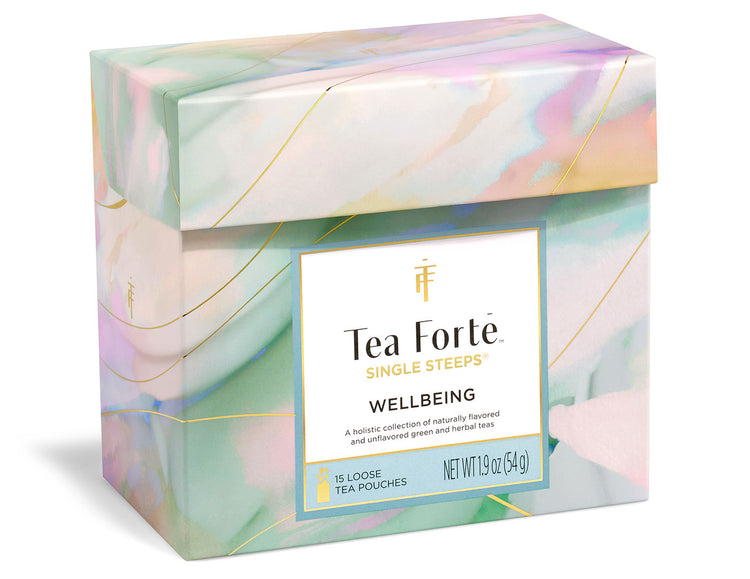 Tea Forte Wellbeing Single Steeps® Sampler box closed, side view