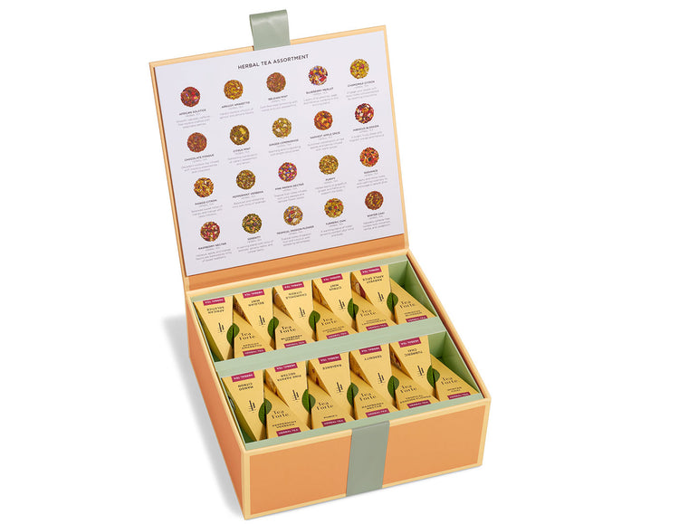 Herbal Tea Tasting assortment in a 40 count tea chest of pyramid infusers with lid open