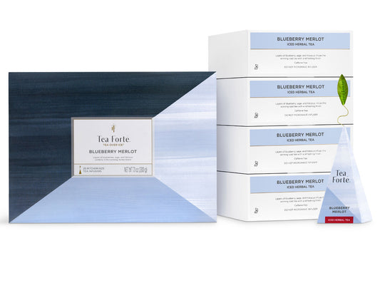 Blueberry Merlot Tea Over Ice Bulk Pack of 20 teas in 4 sleeves, 5 pyramids in each, with infuser out front