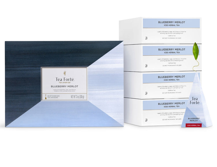 Blueberry Merlot Tea Over Ice Bulk Pack of 20 teas in 4 sleeves, 5 pyramids in each, with infuser out front