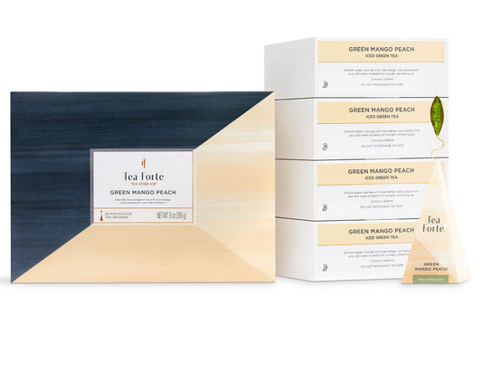 Green Mango Peach Tea Over Ice Bulk Pack of 20 teas in 4 sleeves, 5 pyramids in each, with infuser out front