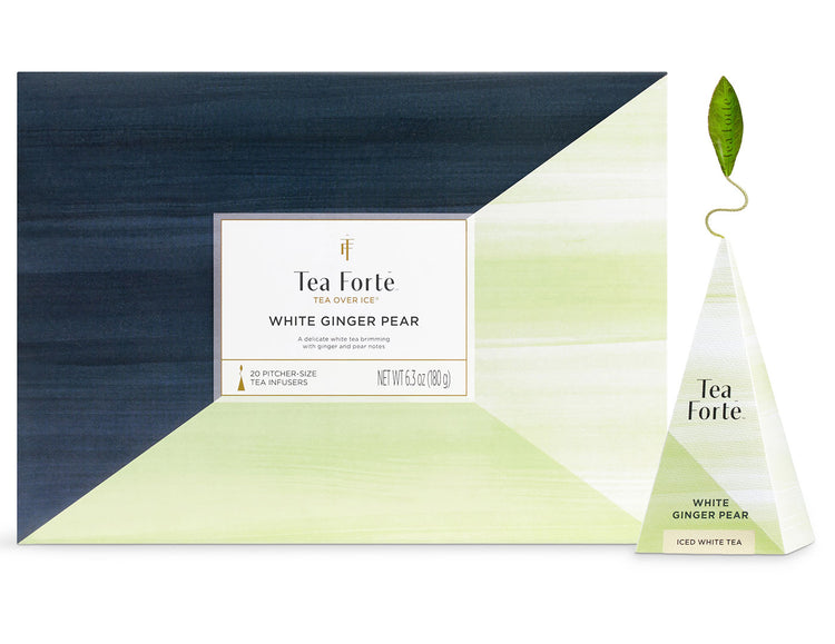 White Ginger Pear Tea Over Ice Bulk Pack of 20 teas with infuser out front