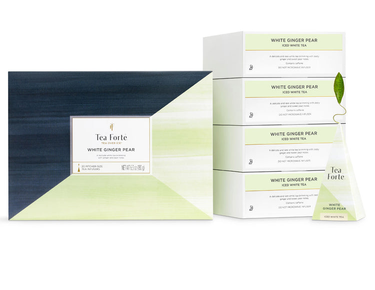 White Ginger Pear Tea Over Ice Bulk Pack of 20 teas in 4 sleeves, 5 pyramids in each, with infuser out front