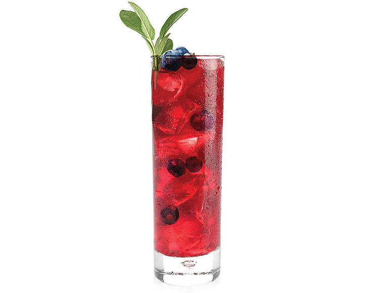 Iced Blueberry Merlot Tea in a tall glass with blueberries and a sage garnish