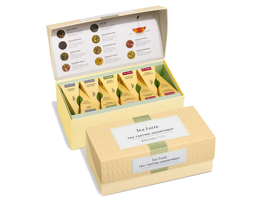 Tea Tasting tea assortment in a 20 count presentation box with lid open and closed

