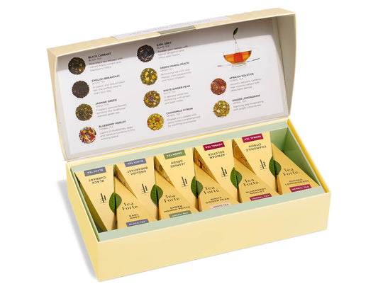 Tea Tasting tea assortment in a 10 count petite presentation box with lid open and closed