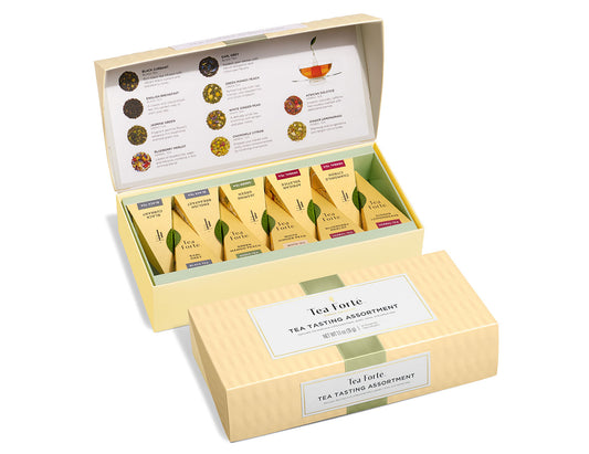 Tea Tasting tea assortment in a 10 count petite presentation box with lid open