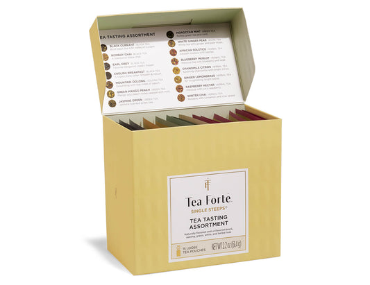 Tea Tasting Assortment Single Steeps Sampler box of 15 Single Steeps pouches - front of box open showing menu and pouches inside