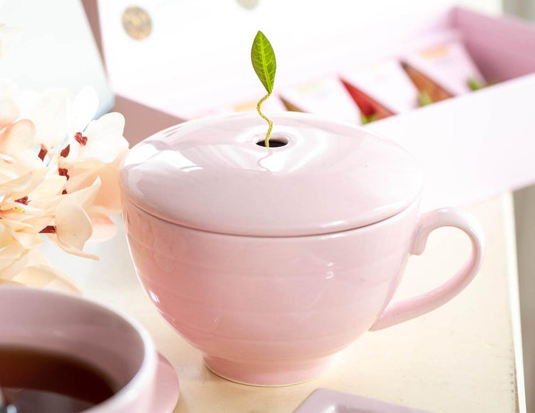 Pink Cafe Cup with flowers and tea