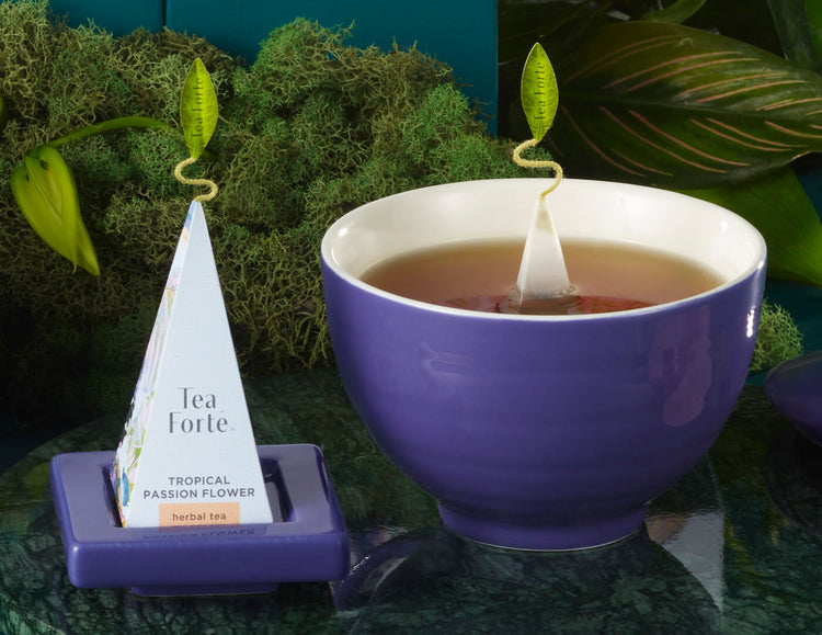 MAIN PDP | Closeup of the Demoiselle Gift Set Café Cup and Tea Tray in indigo, amongst moss and plants