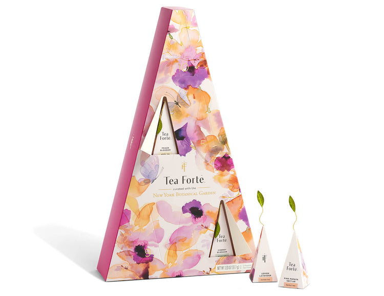 Mariposa 12 days of Blissful Teas box with doors open and pyramid infusers inside