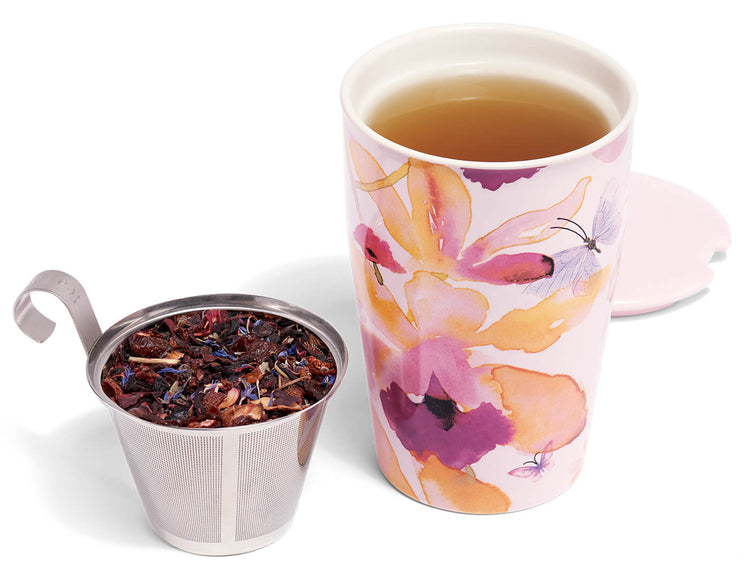 Mariposa Kati Steeping Cup, open with lid and infuser basket removed