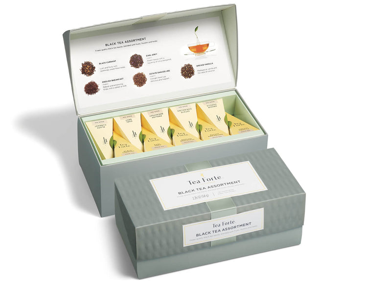 Black tea assortment in a 20 count presentation box with lid closed and open
