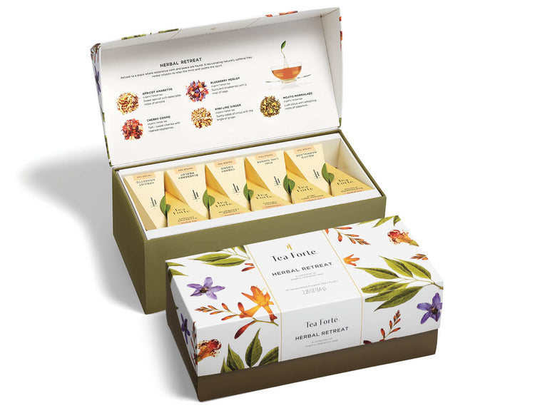 Herbal Retreat tea assortment in a 20 count presentation box with lid closed and open