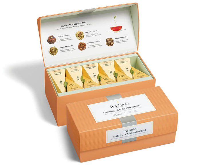 Herbal tea assortment in a 20 count presentation box, lid open and closed