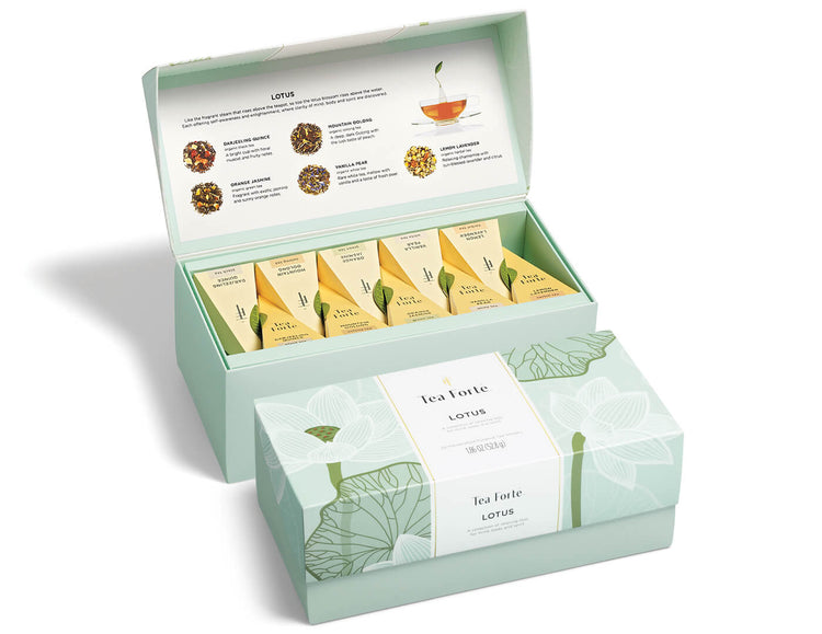 Lotus Presentation Box of 20 pyramid tea infusers, lid open and closed
