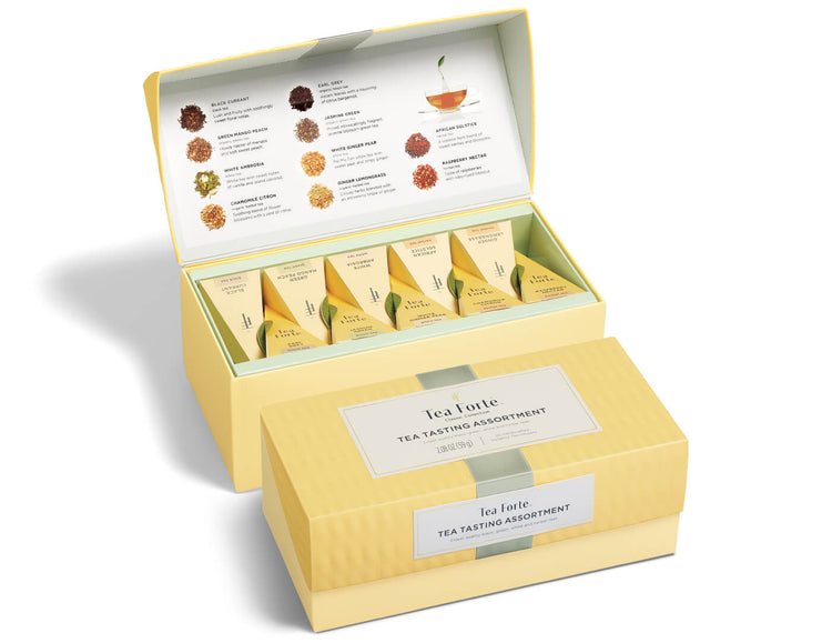 Tea Tasting tea assortment in a 20 count presentation box with lid closed and open