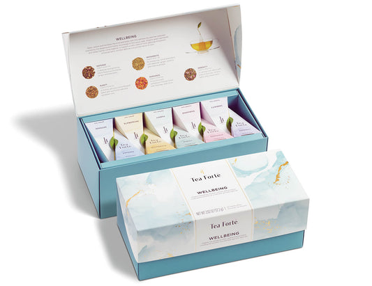 Wellbeing tea assortment in a 20 count presentation box with lid closed and open